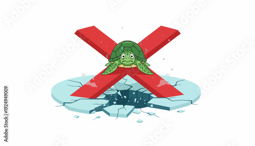 Cartoon turtle with red cross symbol breaking through ice.