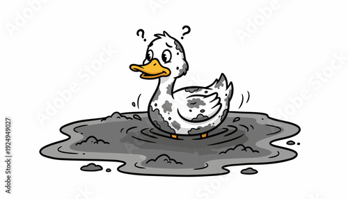Confused Duckling Covered in Mud Puddle Cartoon Illustration.