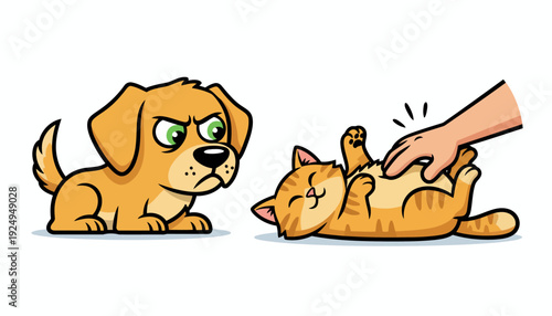 Jealous Dog Watching Cat Getting Belly Rubs.