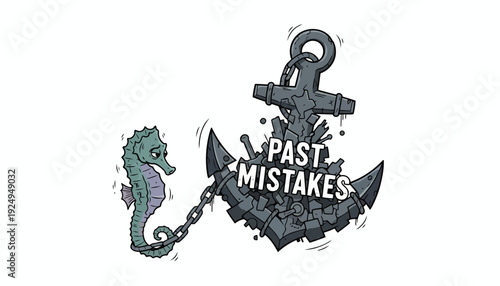 Seahorse Dragging Heavy Anchor with Past Mistakes Inscription.