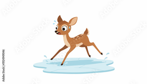 Cute Fawn Running Playfully in Water Puddle.