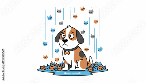 Sad Dog Cartoon Character Surrounded by Raining Cats and Kittens.
