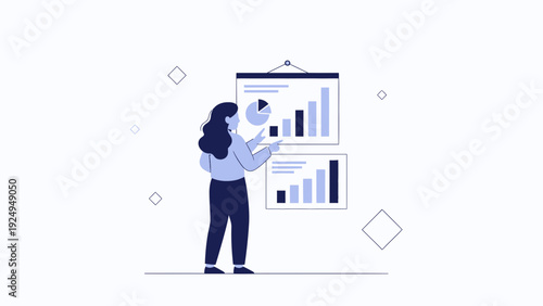 Businesswoman presenting financial charts and graphs on a whiteboard