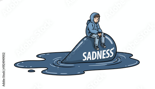 Child sitting on a large teardrop labeled sadness.
