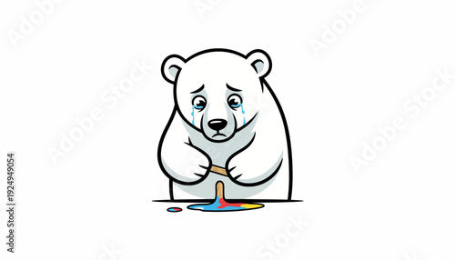 Sad Polar Bear Crying Melting Ice Cream Cone Cartoon.