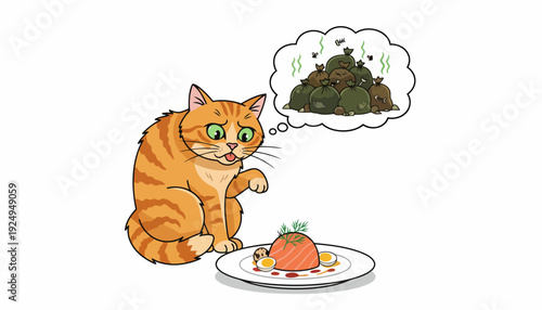 Orange tabby cat contemplating food on a plate, thinking about cat poop.