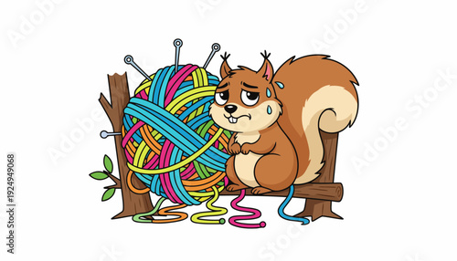 Cute cartoon squirrel with large colorful yarn ball and knitting needles.