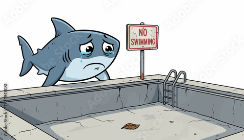 Sad Cartoon Shark Looking at Empty Swimming Pool with No Swimming Sign.