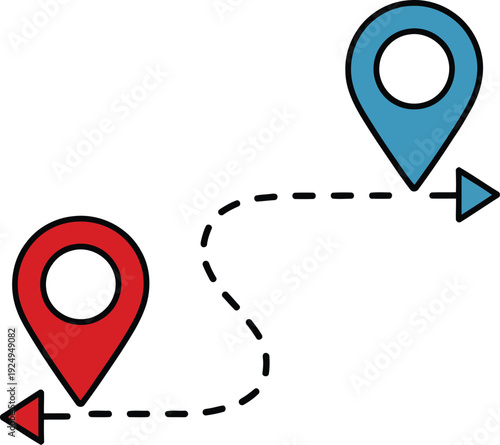 Two location pins connected by a dashed directional path on a white background