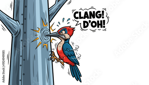 Woodpecker cartoon hitting metal tree with sound effects.