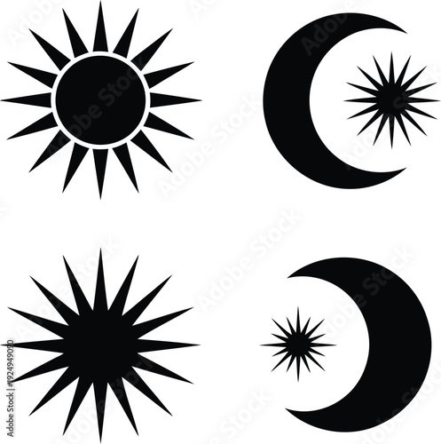 Four celestial symbols combining sun, moon, and star elements in black and white