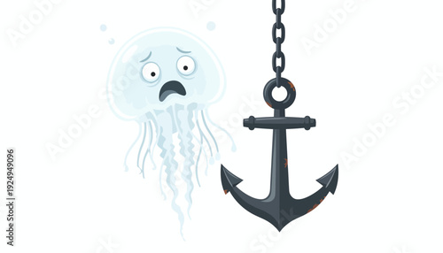 Worried jellyfish character facing a heavy anchor in a conceptual image.