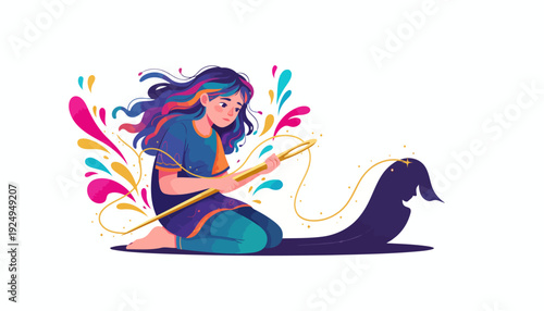 Creative Young Woman Crafting with Needle and Thread, Expressing Artistic Flair.