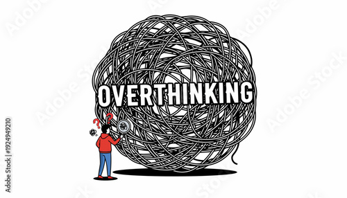 Overthinking Concept with Tangled Thoughts and Person.