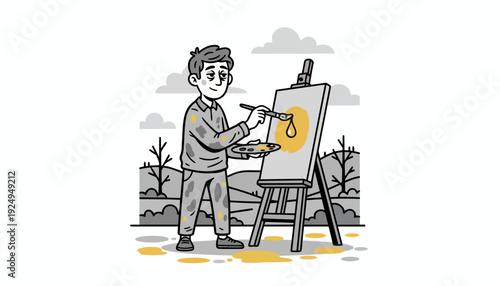 Young Male Artist Painting on Canvas Outdoors Creative Hobby.