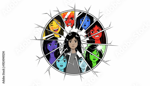 Woman with multiple colorful personalities depicted in a fractured circle.