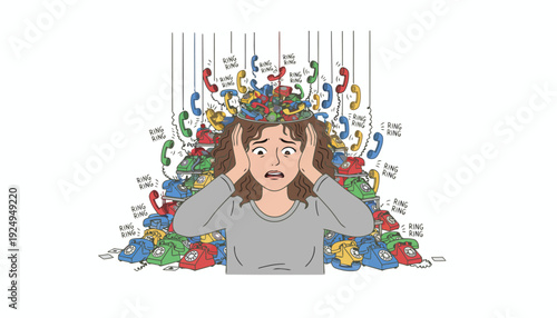 Stressed Woman Overwhelmed by Numerous Incoming Phone Calls and Demands.