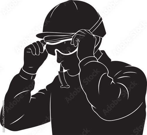 Jockey adjusting goggles silhouette vector illustration in elegant line art style