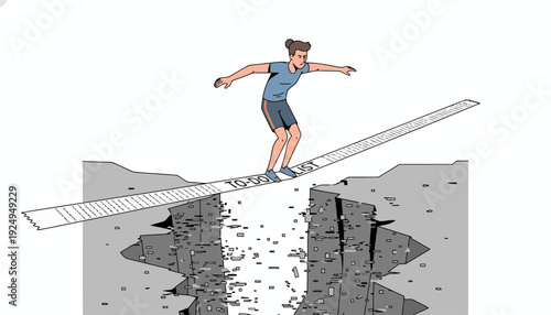 Man Balancing on a Plank Over a Chasm Illustrating Risk and Challenge.