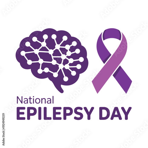 Purple ribbon and brain graphic symbolizing national epilepsy day awareness campaign isolated on white background, Vector, illustration