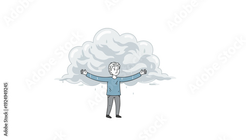 Man Carrying Cloud Thinking About Cloud Computing or Cloud Storage Concept.