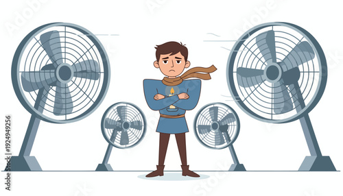 Confident Young Man Standing Among Cooling Fans.