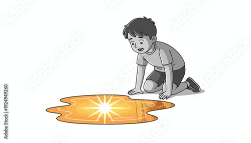 Young boy observing a shimmering golden puddle with curiosity.