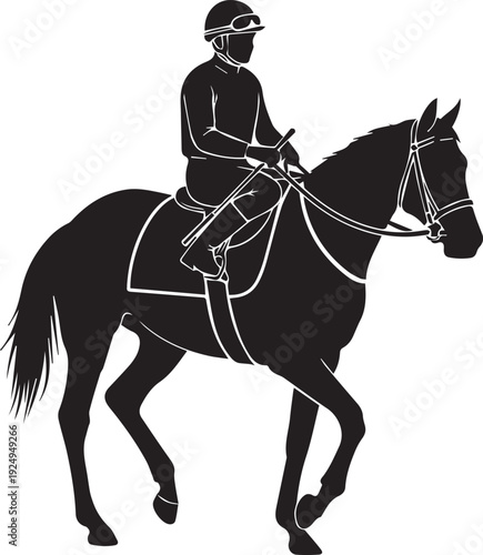 Jockey riding horse silhouette vector illustration in elegant line art style
