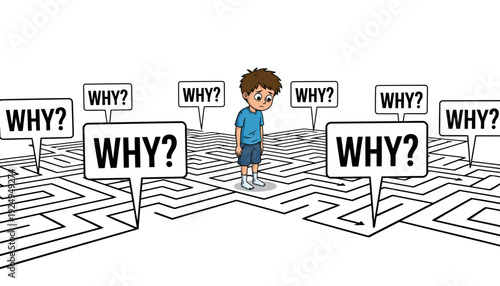 Confused Young Boy Standing Amidst a Labyrinth of Questions.