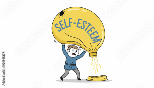 Person struggling with deflating self-esteem balloon, concept of mental health challenges.