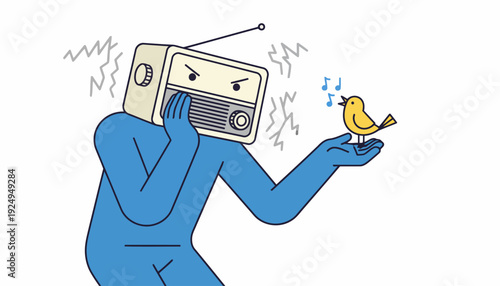 Cartoon character with a radio head and a bird singing in hand.