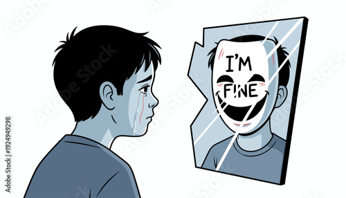 Young boy crying looking at reflection of smiling mask in broken mirror.