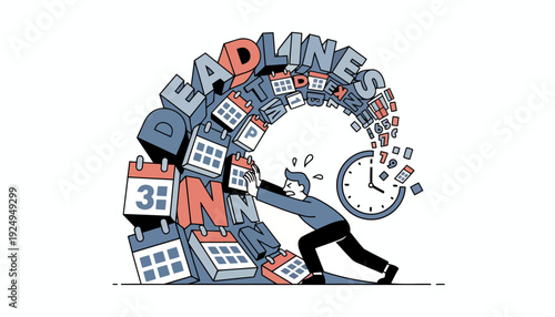 Man Pushing Against Overwhelming Deadlines and Calendars Illustrating Pressure.