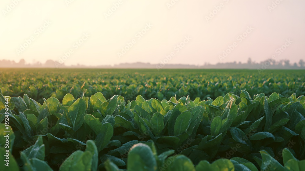 Fototapeta premium Vibrant spinach field bathed in golden sunrise a serene landscape of lush green growth