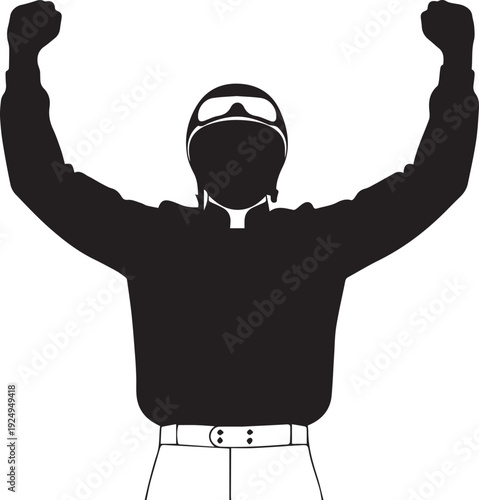 Successful jockey celebrating victory vector silhouette illustration with arms up high