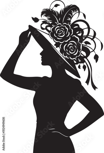 Woman profile in wide brimmed hat with elaborate floral decoration vector silhouette
