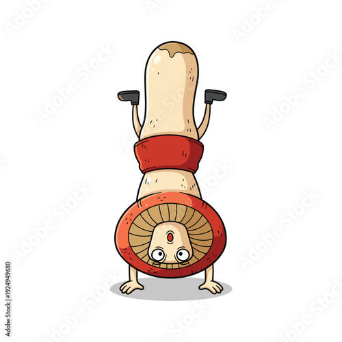 Cartoon sausage doing handstand in red sports bra and boxing gloves