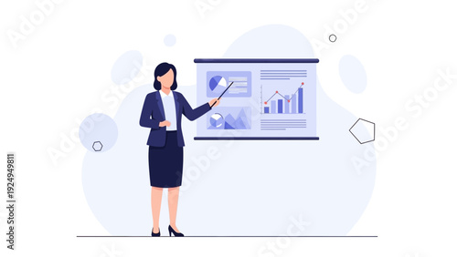 Businesswoman presenting financial report on a projector screen with charts and graphs