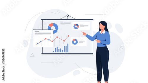 Businesswoman presenting financial report on projection screen with charts and graphs
