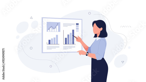 Businesswoman presenting financial report with charts and graphs on a whiteboard
