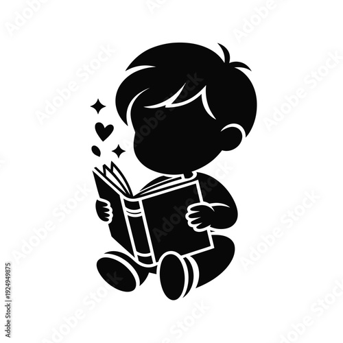 Young child enjoying a magical moment while reading a large book with stars floating above isolated on white background, Vector, illustration