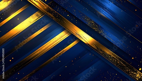A luxurious abstract design with gold stripes overlapping rich blue, with scattered glitter