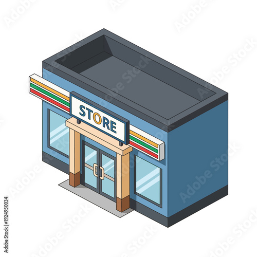 Isometric illustration of a convenience store building with a sign and colorful stripes.