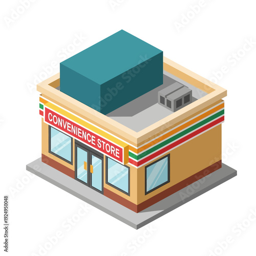 Isometric illustration of a convenience store building with a sign and colorful stripes.
