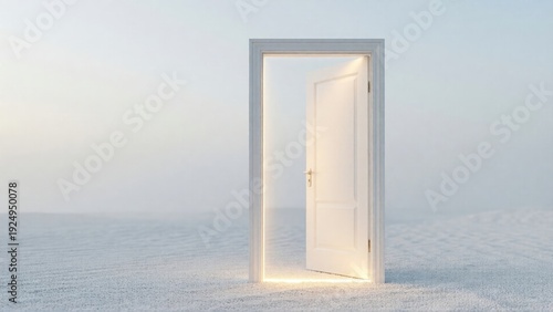 Open white door glowing with light in misty landscape