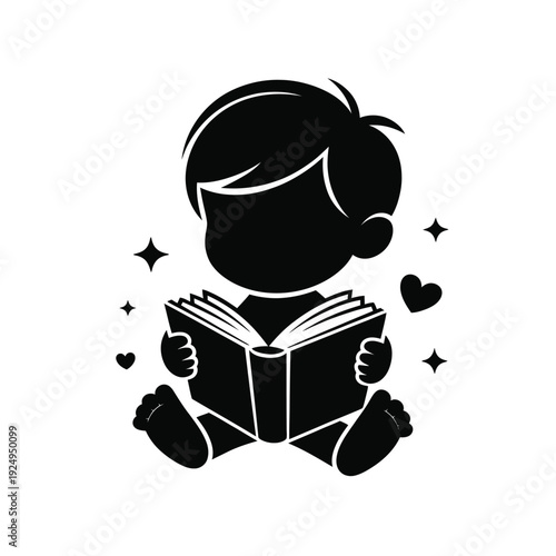 A young child sitting cross-legged and happily reading an open book with stars and hearts around isolated on white background, Vector, illustration