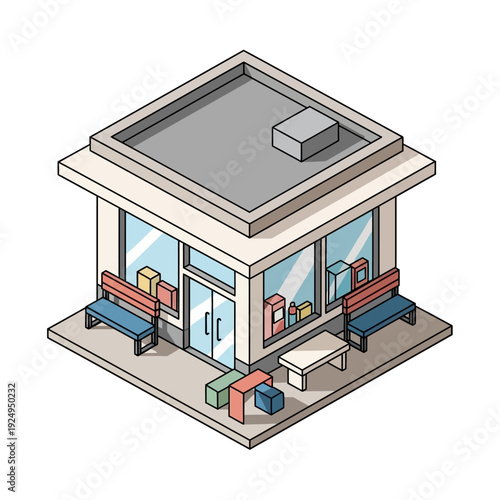Isometric illustration of a convenience store with benches and boxes outside.