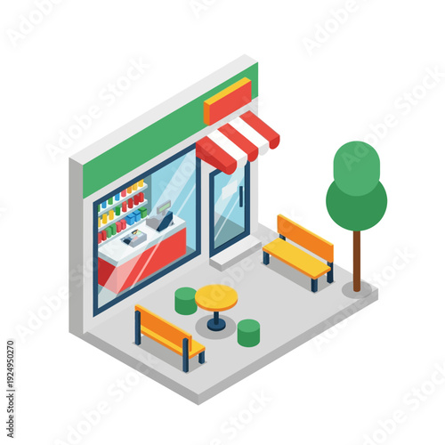 3D illustration of a modern convenience store with outdoor seating and green tree.