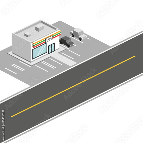 Isometric illustration of a convenience store with parking lot and road.