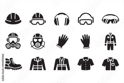 Workplace Safety Silhouette Icons with Helmet Gloves and Mask